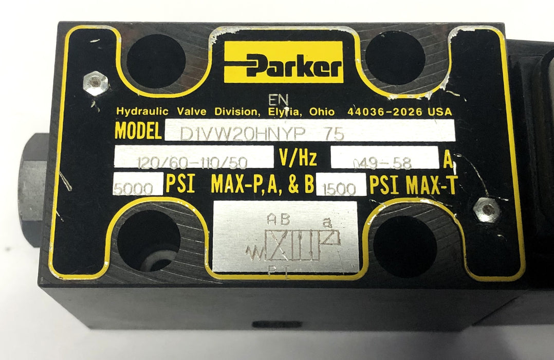 Parker 120/110V 60/50Hz 5000/1500 PSI 49-58A Hydraulic Valve D1VW20HNYP-75 NOS