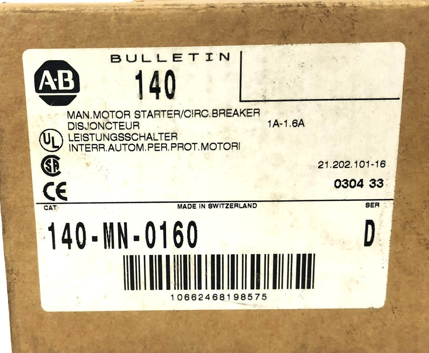 Allen-Bradley Ser. D 1-1.6A Manual Motor Starter/Circuit Breaker 140-MN-0160 NOS