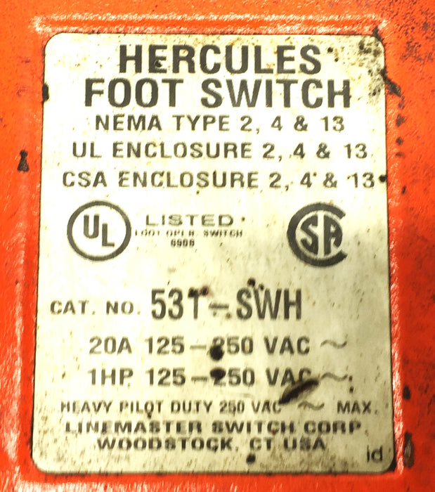 Linemaster Switch Hercules Foot Switch 20A 125-250VAC 531-SWH USED
