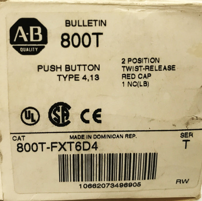 Allen-Bradley Red Pushbutton Switch 800T-FXT6D4 NOS