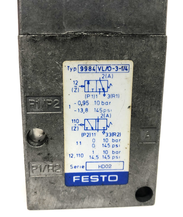 Festo HD02 Pneumatic Valve 9984 VL/O-3-1/4 NOS