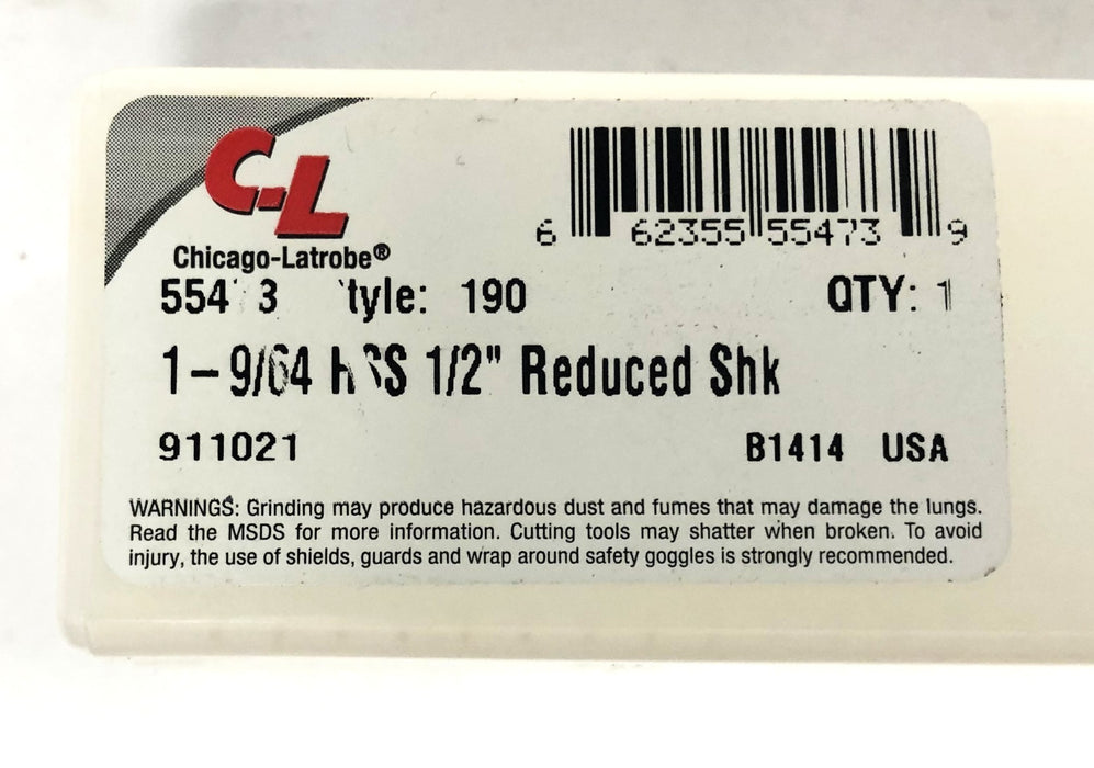 Chicago-Latrobe 55473 Style 190 1-9/64 HSS 1/2 Inch Reduced Shank 911021 NOS