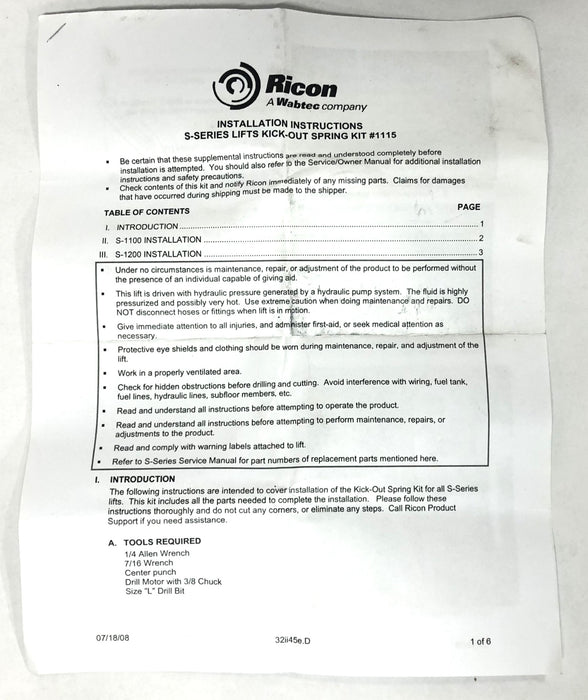 Ricon S Series Lifts Kick-Out Spring Kit 1115 NOS