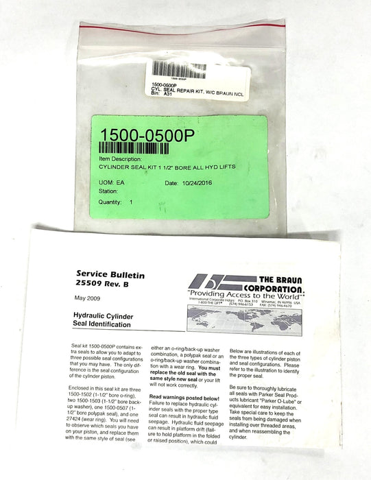 The Braun Corporation 1-1/2 Inch Bore Cylinder Seal Kit 1500-0500P NOS