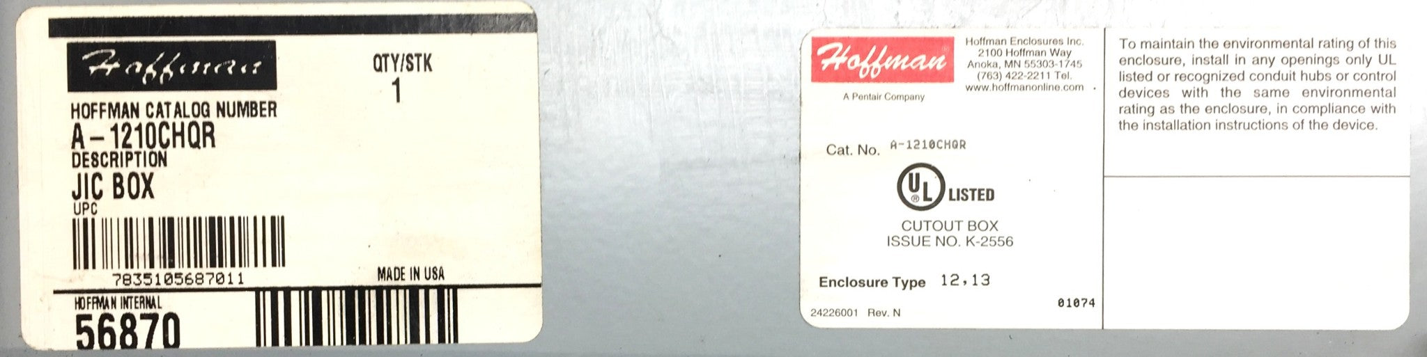 Hoffman Enclosure Cut-Out JIC Box A-1210CHQR USED