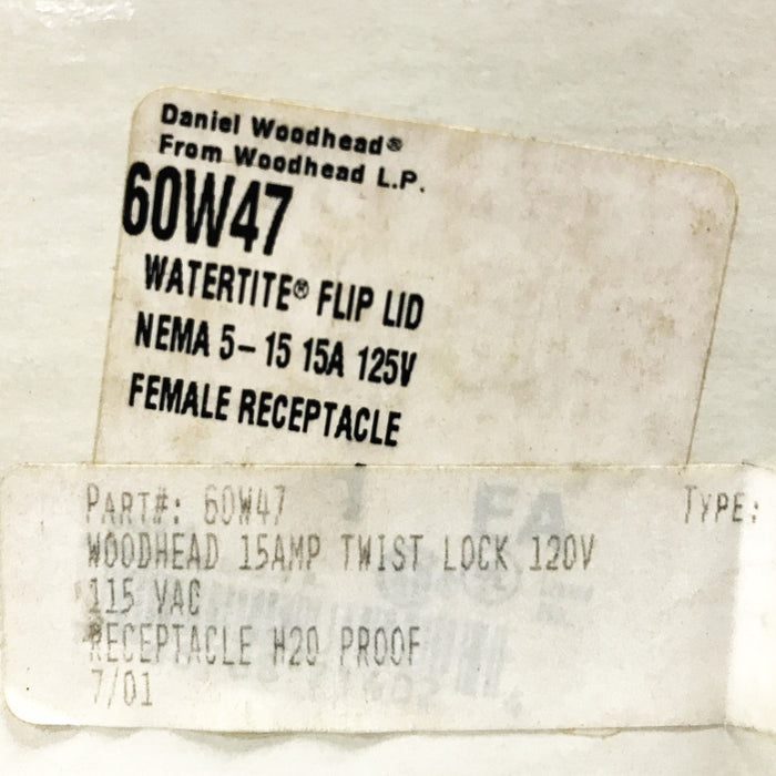 Woodhead Watertite Flip Lid Female Receptacle 60W47 NOS