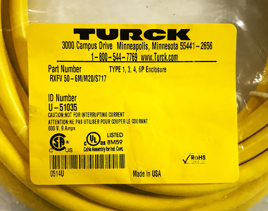 TURCK Mini-Fast Series Cord Set RXFV50-6M/M20/S717 NOS