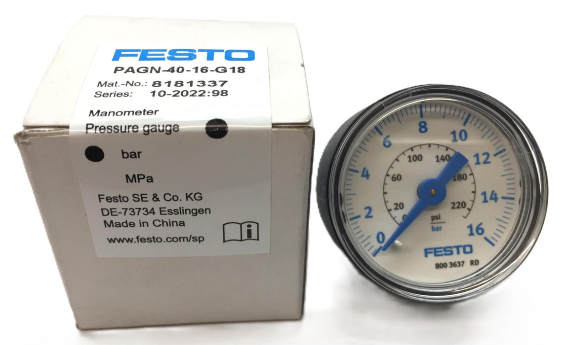 Festo Manometer Pressure Gauge PAGN-40-16-G18 (8181337) NOS