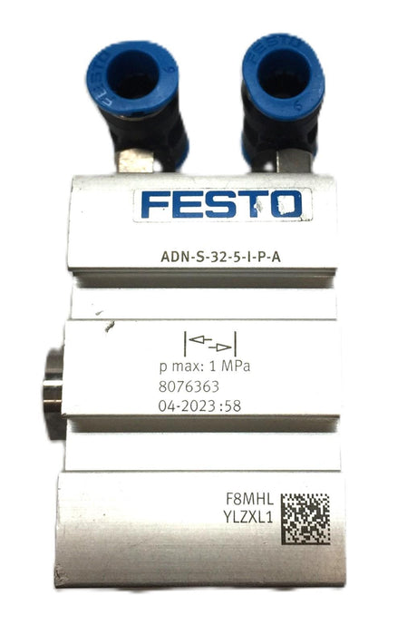 Festo Compact Cylinder w/Dual PTC Fittings ADN-S-32-5-I-P-A (8076363) USED