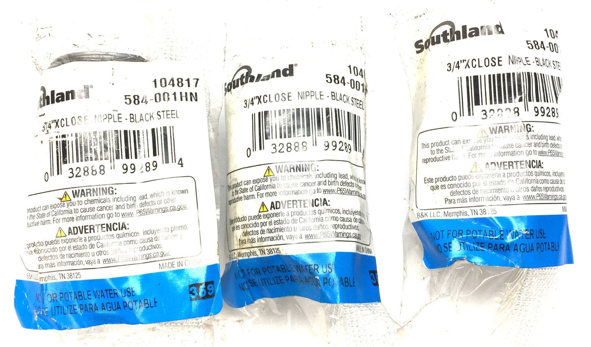 Southland 3/4" x Close Black Steel Nipple 584-001HN (104817) [Lot of 3] NOS