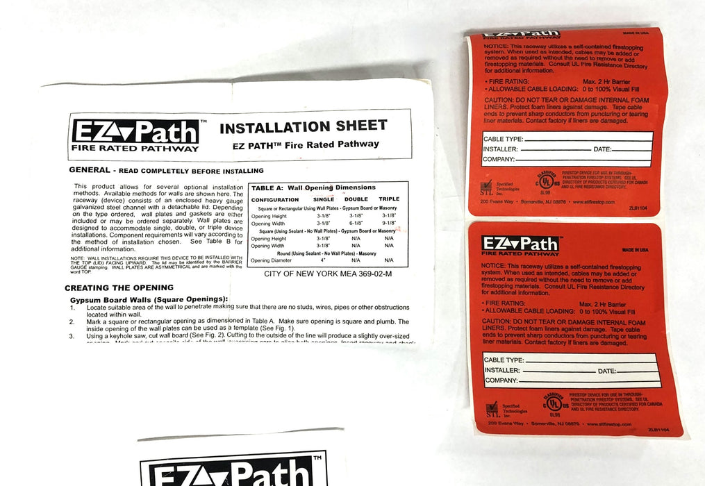 EZ Path Set Of 2 Fire Rated Pathway Single Plate Kit EZP133W NOS