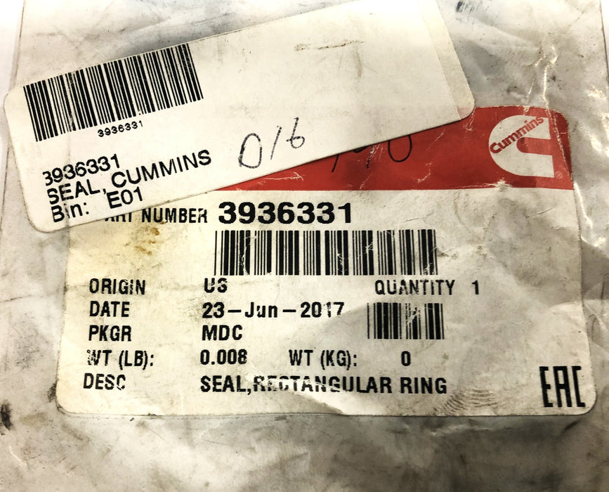 Cummins Rectangular Ring Seal 3936331 NOS