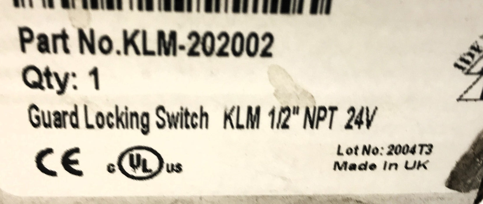 IDEM 1/2" NPT 24V Guard Locking Switch KLM-202002 USED