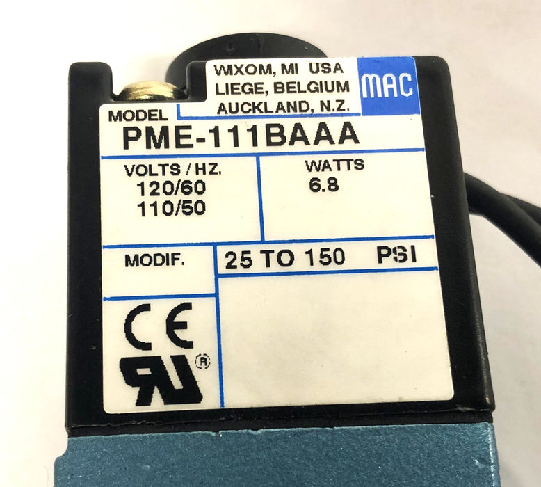 MAC 120V/60Hz 110V/50Hz 6.8W 25-150PSI Pilot Valve Assembly PME-111BAAA NOS