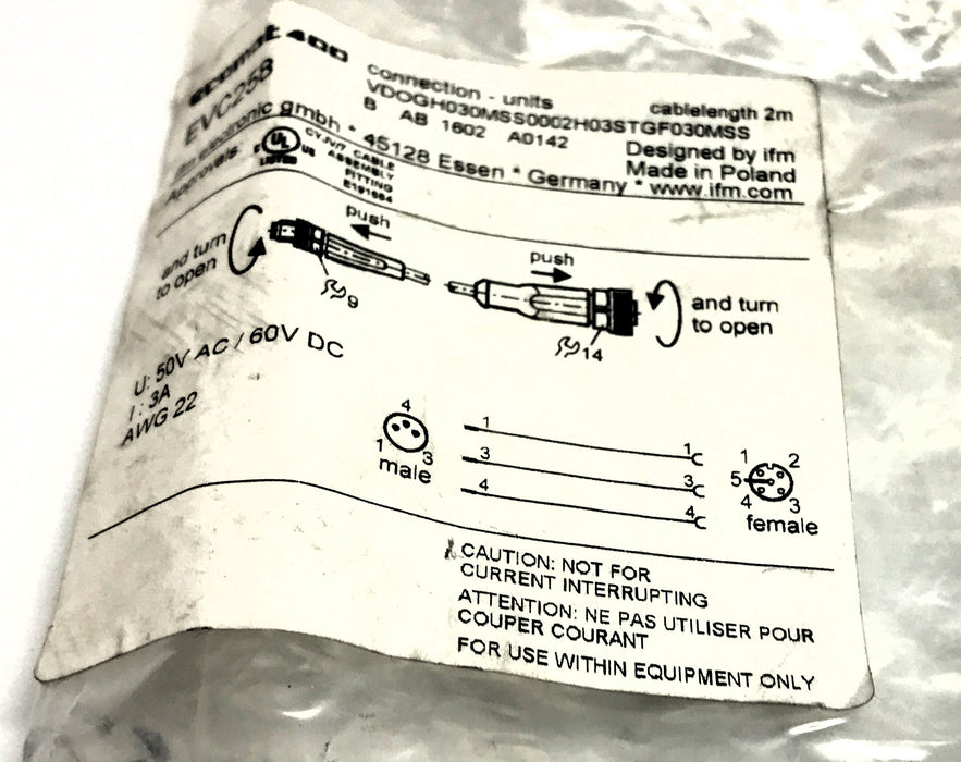 IFM Patch Cord Connection Cable EVC258 NOS