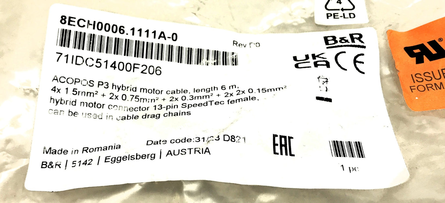 B&R Hybrid Motor Cable 8ECH0006.1111A-0 NOS