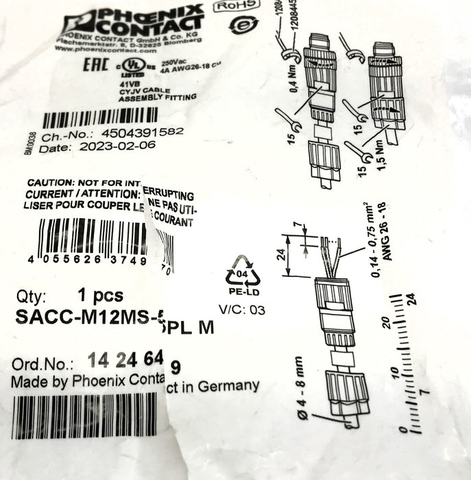 Phoenix Contact Connector SACC-M12MS-5PLM [Lot of 2] NOS