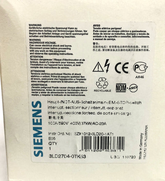 Siemens 2911 100A/590V 400V/37kW/AC-23A Disconnect Switch 3LD2704-0TK53 NOS