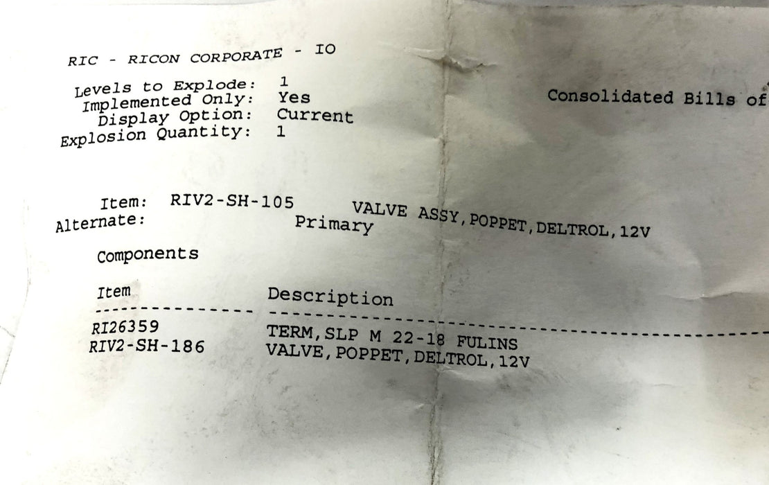 Ricon Deltrol 12V Poppet Valve Assembly RIV2-SH-105 NOS