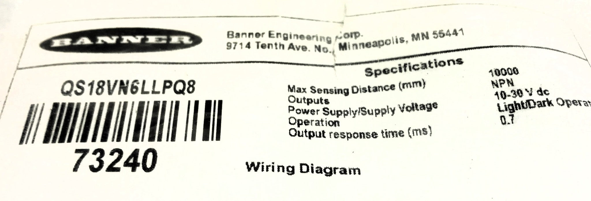 Banner Photoelectric Sensor QS18VN6LLPQ8 NOS