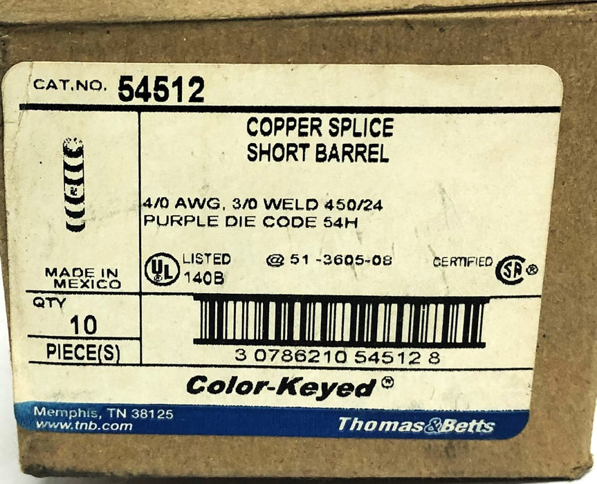 Thomas & Betts Color-Keyed Purple Die Copper Splice Short Barrel 54512 NOS