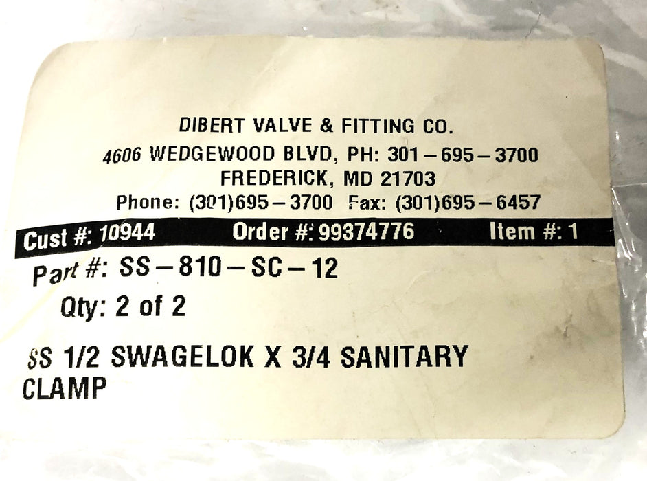 Swagelok 1/2x3/4 Inch Sanitary Clamp Fitting SS-810-SC-12 NOS