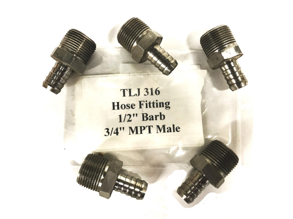 TLJ 1/2 inch Barb x 3/4 inch NPT Male Hose Fitting 316 [Lot of 5]
