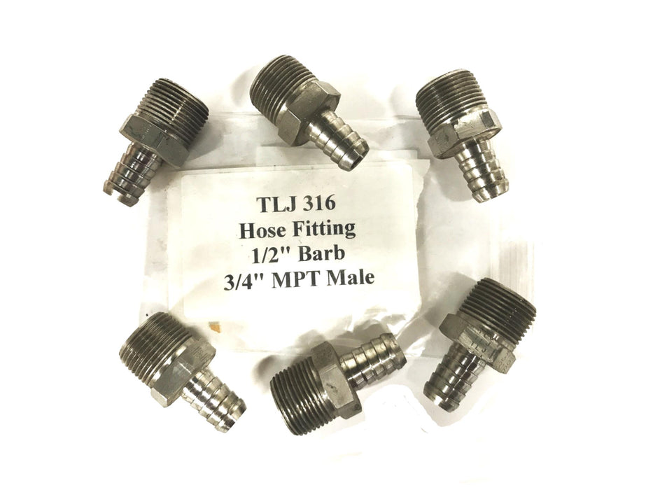 TLJ 1/2 inch Barb x 3/4 inch NPT Male Hose Fitting 316 [Lot of 6]