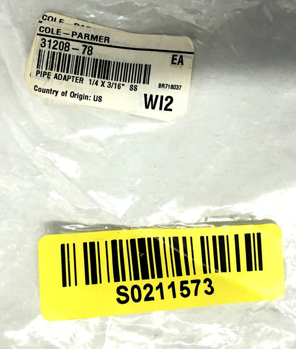 Cole-Parmer 1/4x3/16 Inch SS Pipe Adapter 31208-78 NOS
