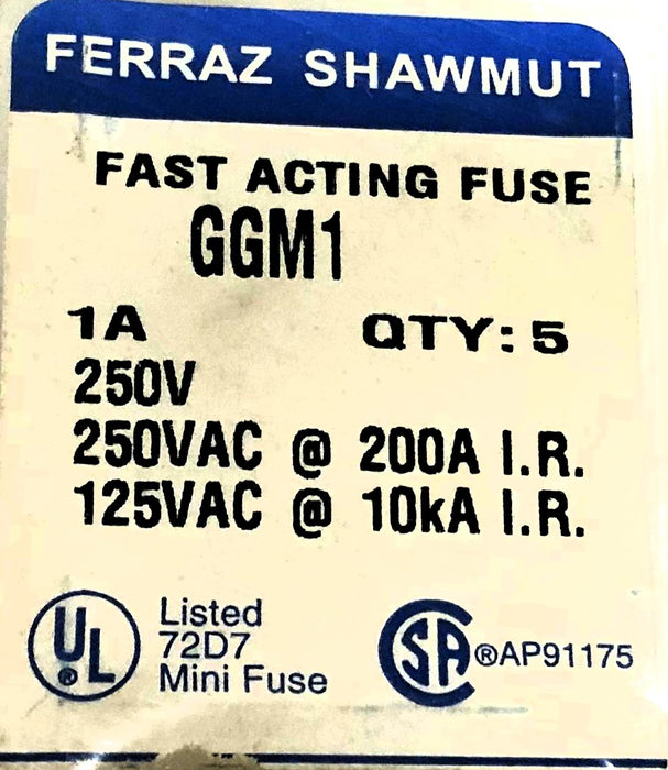 Ferraz Shawmut 1A 250V Set Of 5 Fast Acting Fuses GGM1 [Lot of 3] NOS