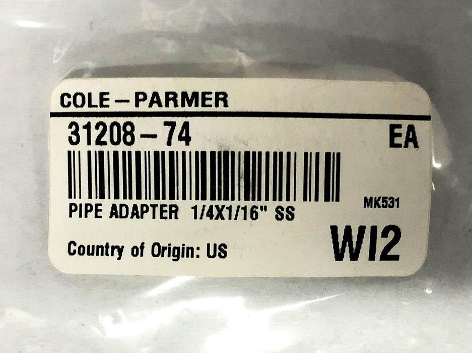 Cole-Parmer 1/4x1/16 Inch SS Pipe Adapter 31208-74 NOS