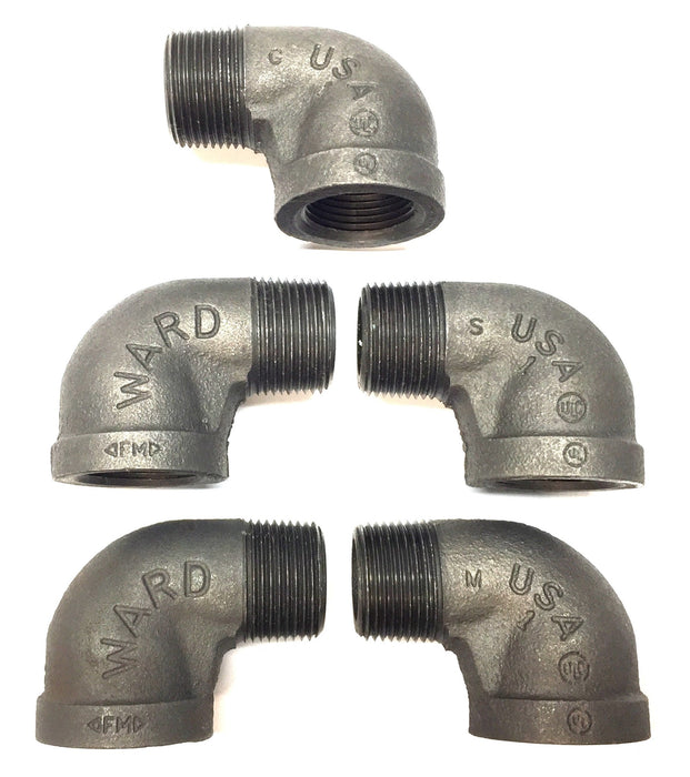 Ward 1" Black Malleable Iron Pipe Fitting Threaded 90-Degree Elbow [Lot of 5]NOS