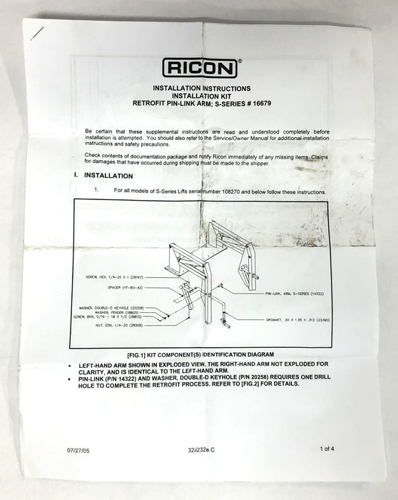Ricon Pin Link Arm Assembly Retrofit 16679 NOS