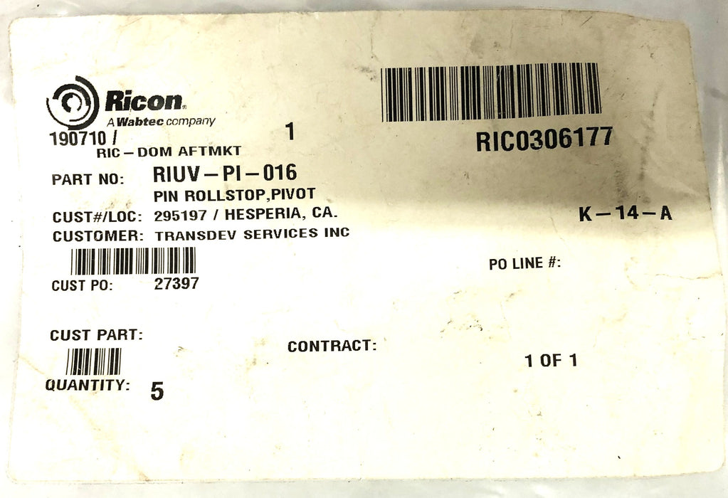 Ricon Pivot Pin Rollstop RIUV-PI-016 [Lot of 5] NOS