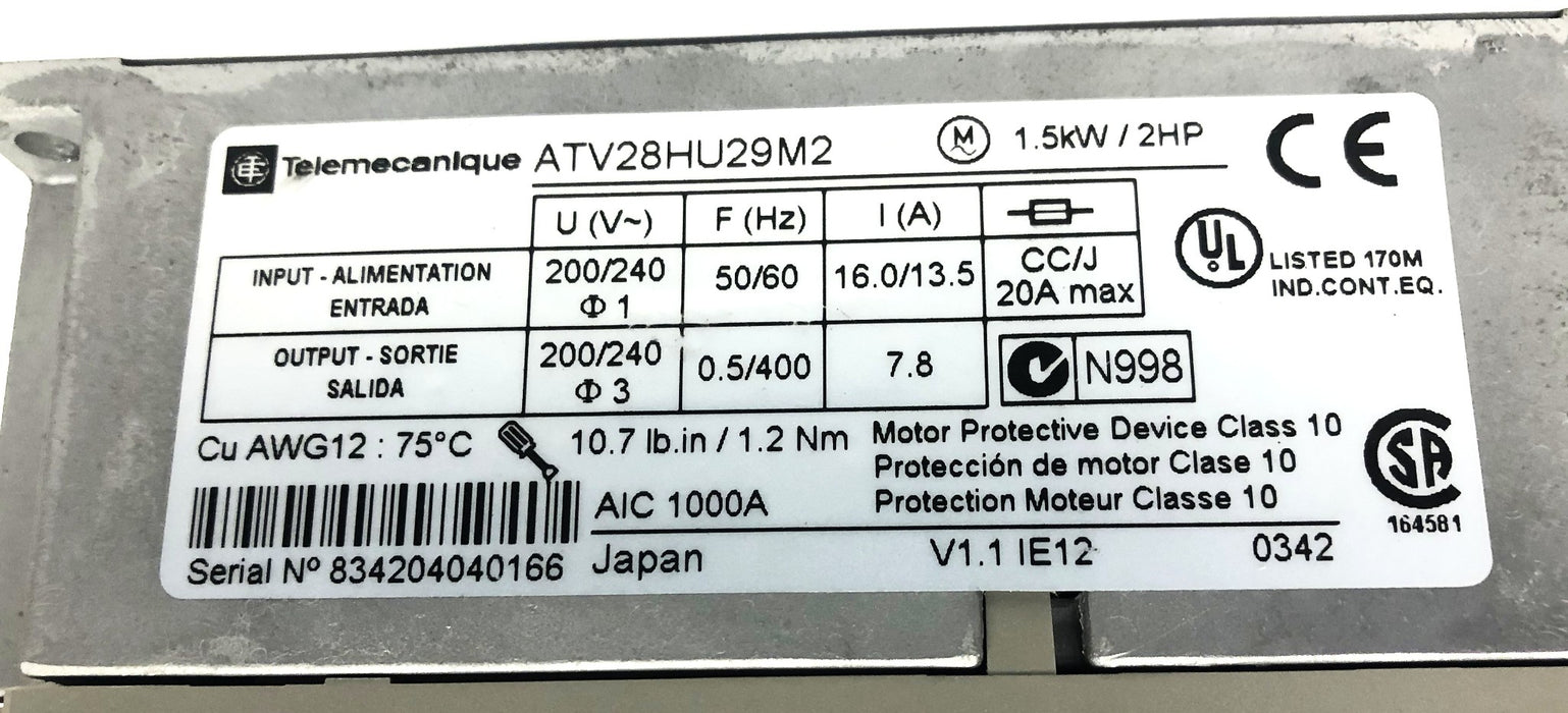 Square D Telemcanique Altivar 28 1.5kW/2HP 200/240V Drive ATV28HU29M2 USED
