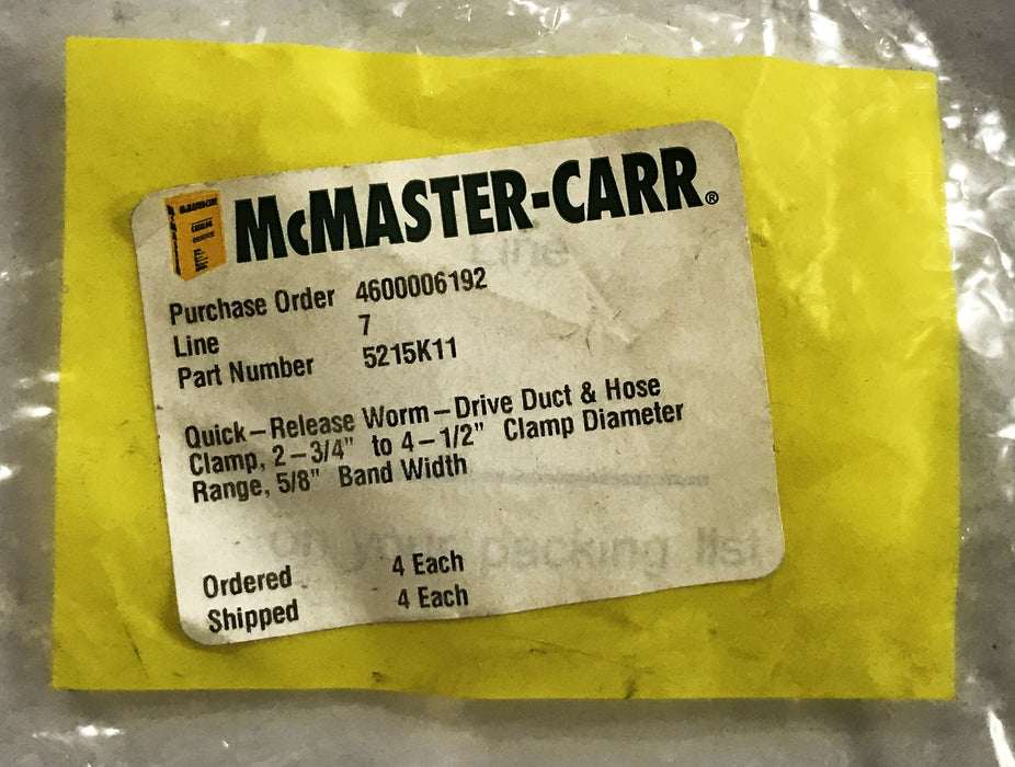 McMaster-Carr 304 Stainless Steel Quick-Release Duct Hose Clamp 5215K11 NOS