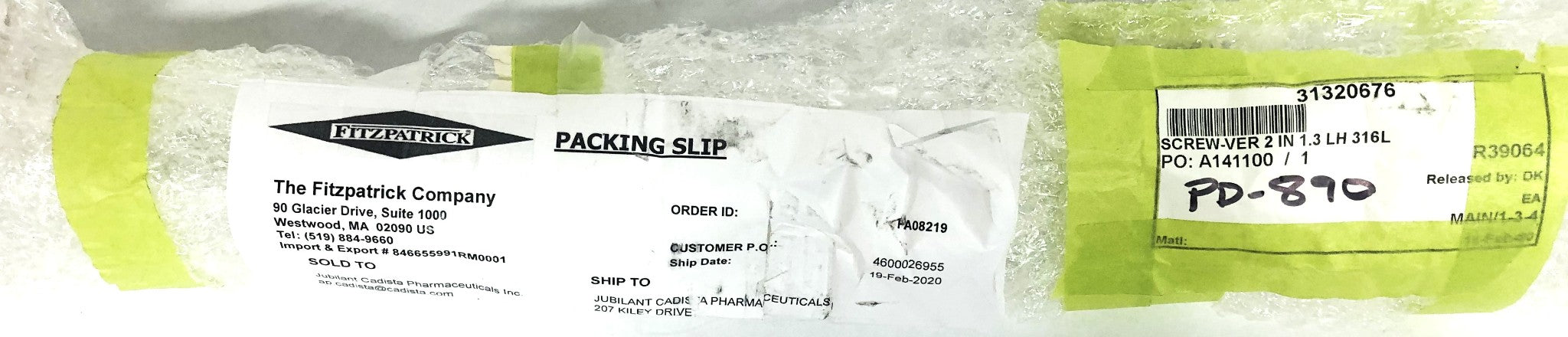 The Fitzpatrick Company 2 IN 1.3 LH 316L Screw-ver 31320676 NOS