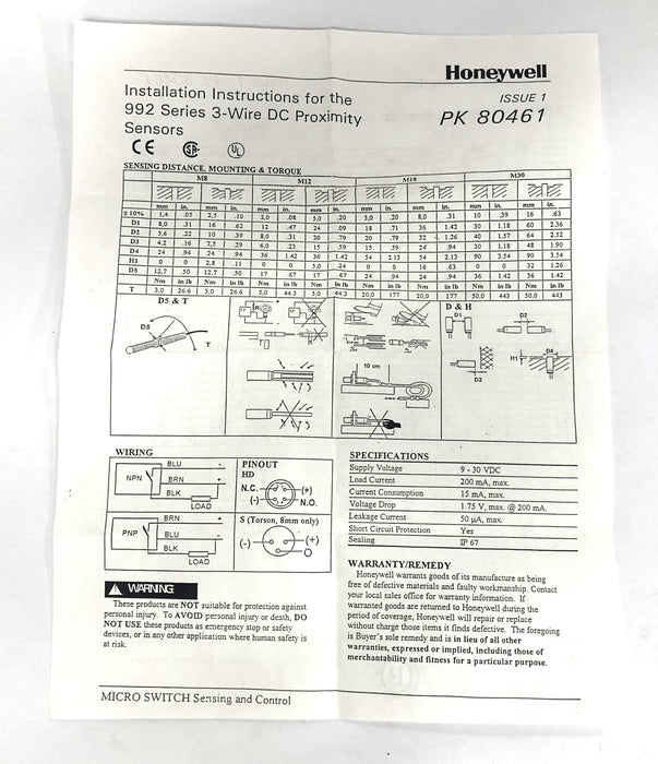 Honeywell Proximity Sensor Switch 992AB18AN-A2 (9733) NOS
