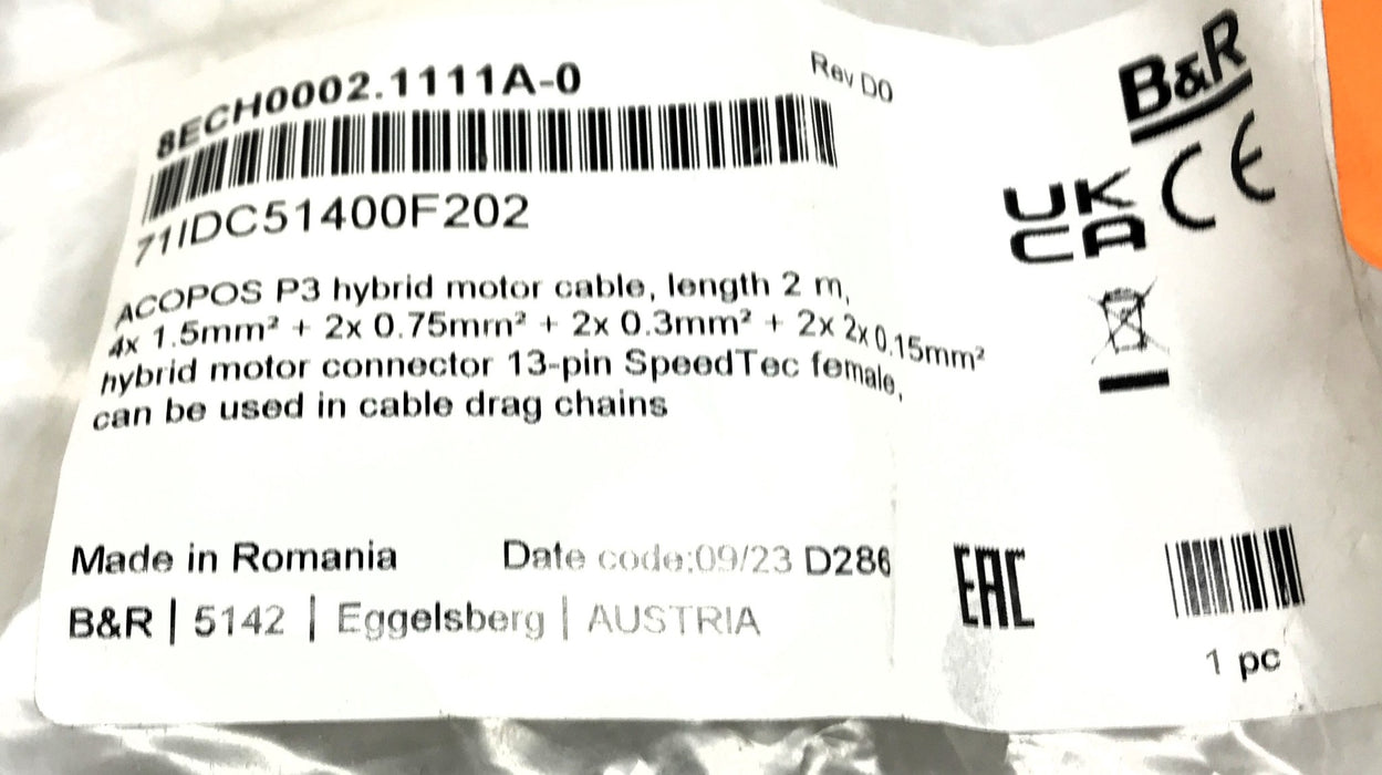 B&R Hybrid Motor Cable 8ECH0002.1111A-0 NOS