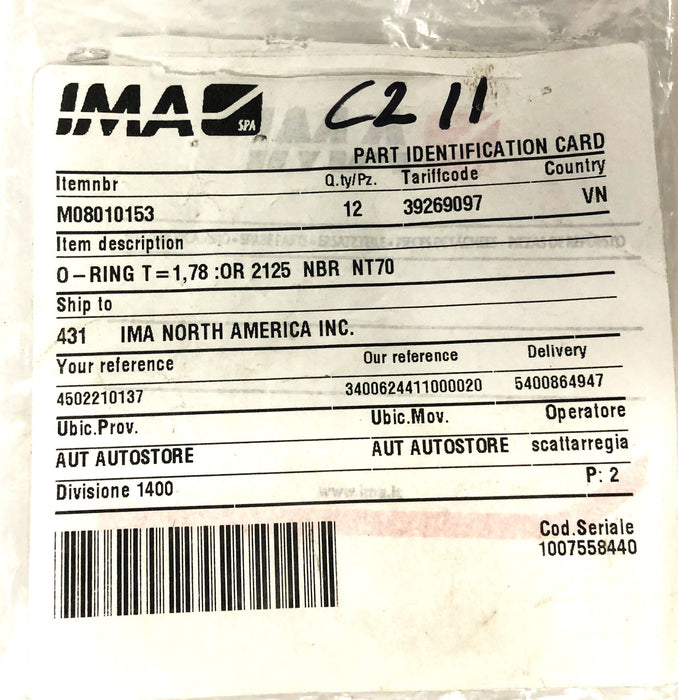 IMA T=1,78 O-Ring 2125 NBR NT70 [Lot of 7] NOS