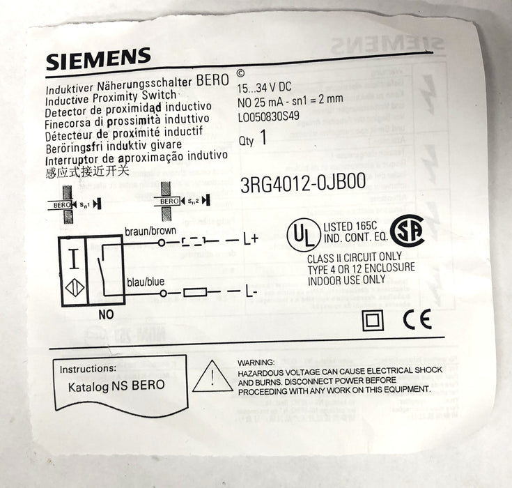 Siemens Proximity Switch Kit 3RG4012-0JB00 NOS
