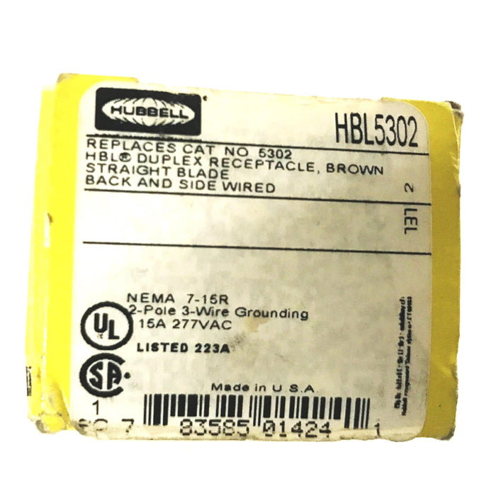 Hubbell 15A 277VAC Straight Blade Duplex Receptacle HBL5302 NOS