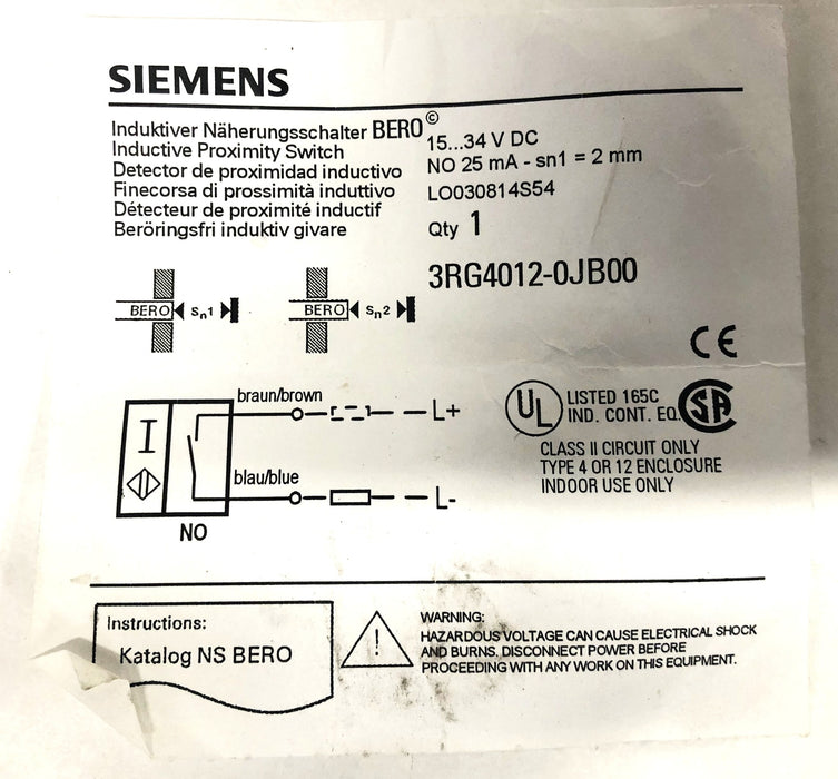Siemens Proximity Switch 3RG4012-0JB00 NOS