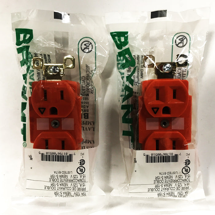 Bryant Orange 15A 125V Duplex Receptacle BRY5262IG [Lot of 2] NOS