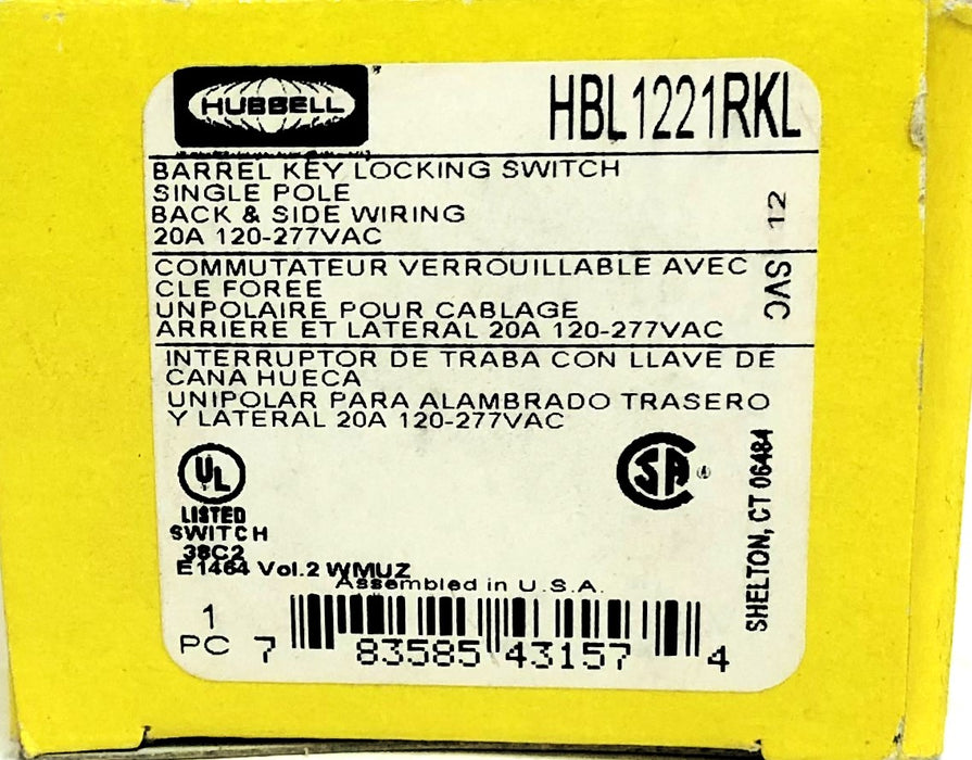 Hubbell 20A 120-277VAC Single Pole Barrel Key Locking Switch HBL1221RKL NOS