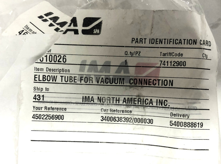 IMA Elbow Tube For Vacuum Connection 7301015 NOS