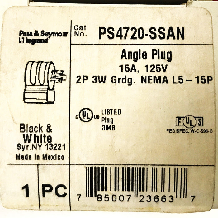 Pass & Seymour Angle Style Locking Plug PS4720-SSAN [Lot of 4] NOS
