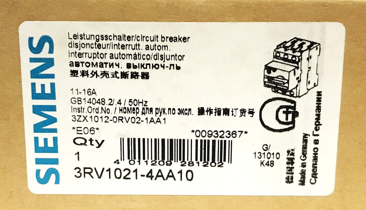 Siemens Circuit Breaker 3RV1021-4AA10 NOS