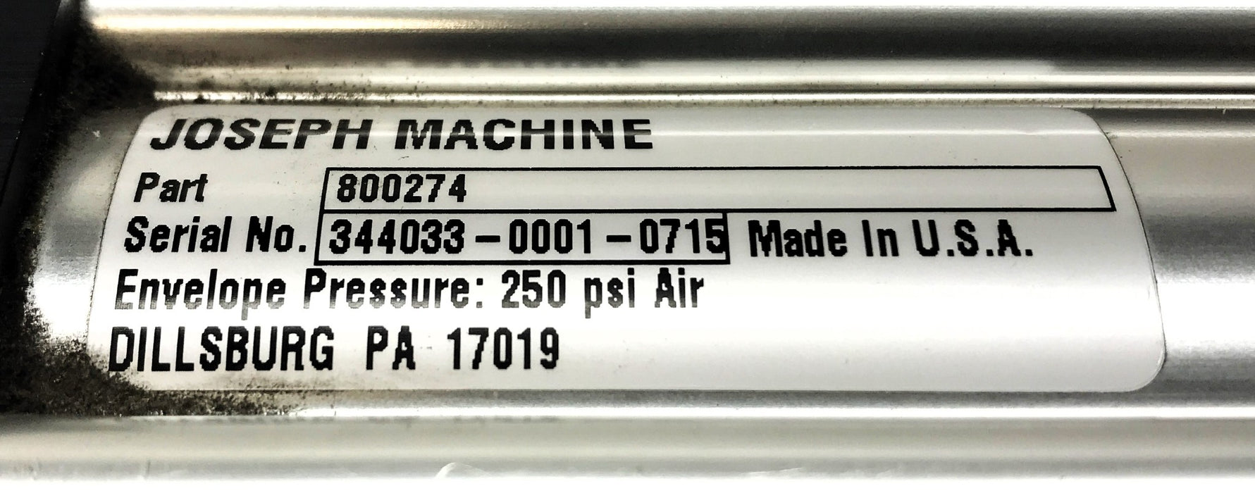 Joseph Machine 250 PSI Pneumatic Cylinder (No Plugs) 800274 USED