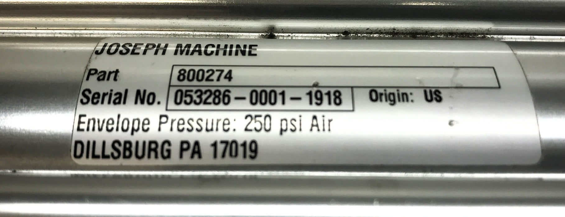 Joseph Machine 250 PSI Pneumatic Cylinder W/ Plugs 800274 USED